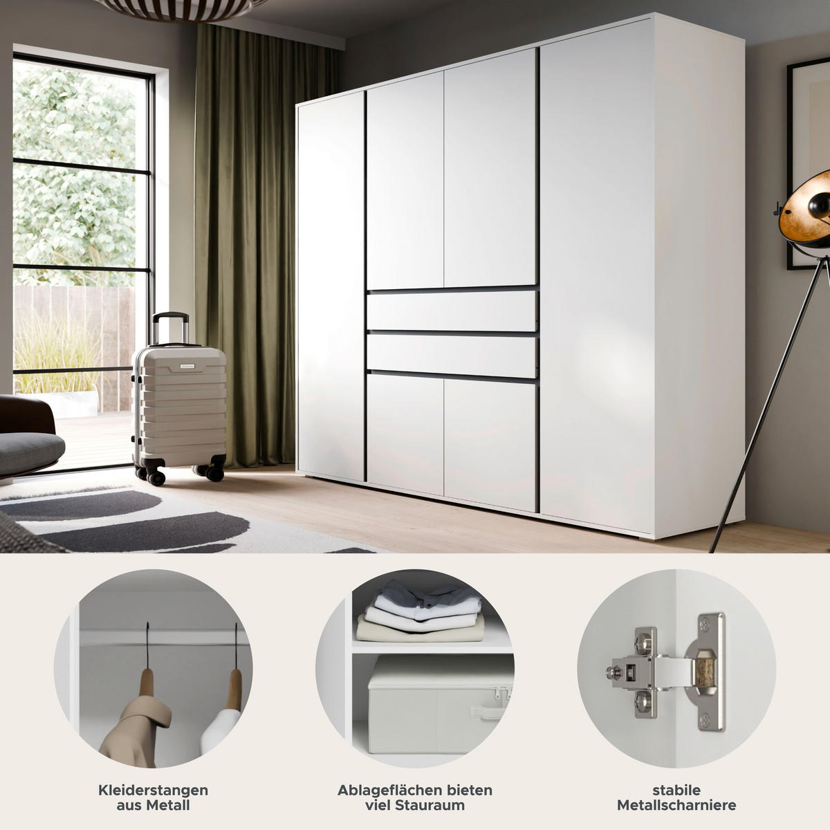 KLEIDERSCHRANK 4-türig FALUN (B/H/T: ca. 197/194/56 cm) in weiß/weiß - Weiß, Holzwerkstoff (197/194/56cm)