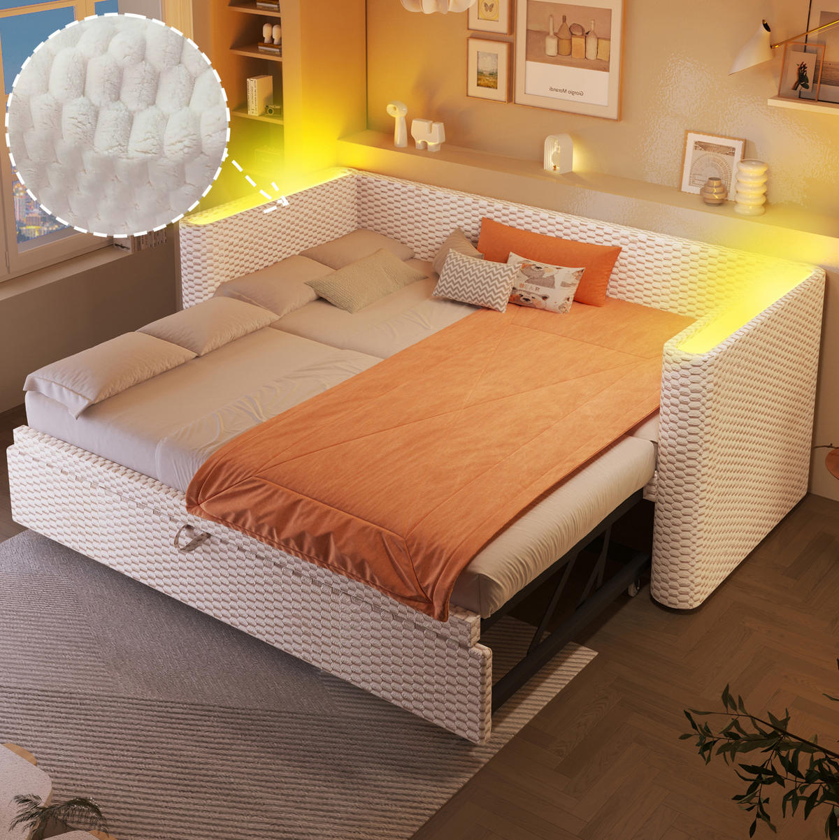 BETT 90/200 cm Beige aus Samt mit Ausziehfunktion - Beige, Textil (90/200cm) - OKMYHOME