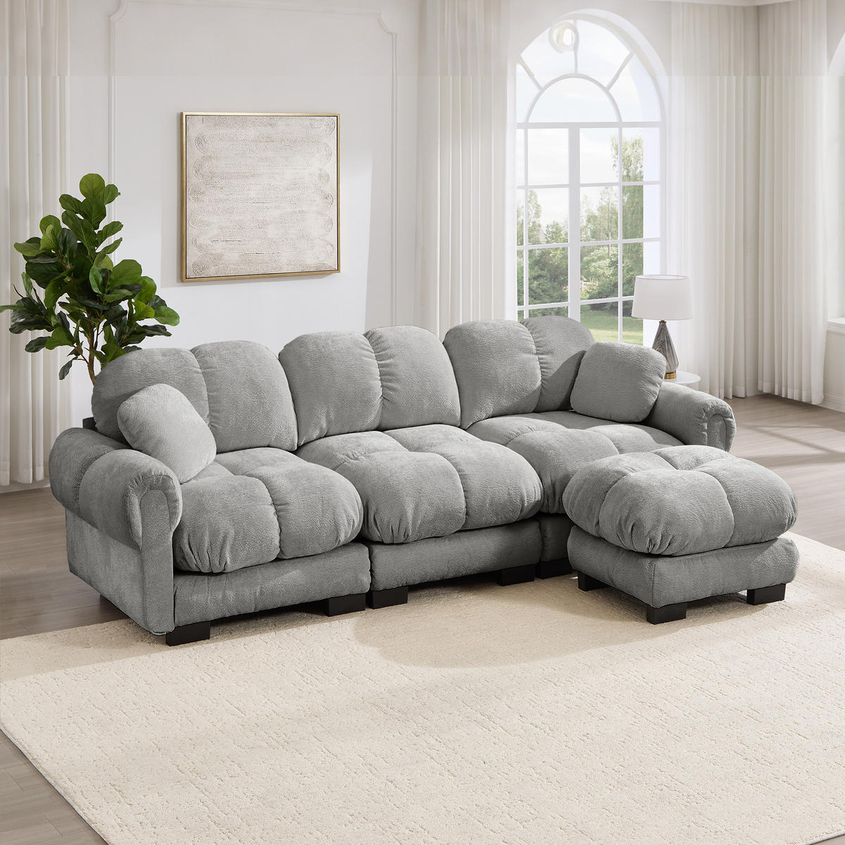 ECKSOFA DE-34384 L-Form mit Ottoman und Steppdesign Hellgrau - Hellgrau, Textil (149/260cm) - ComfortXL