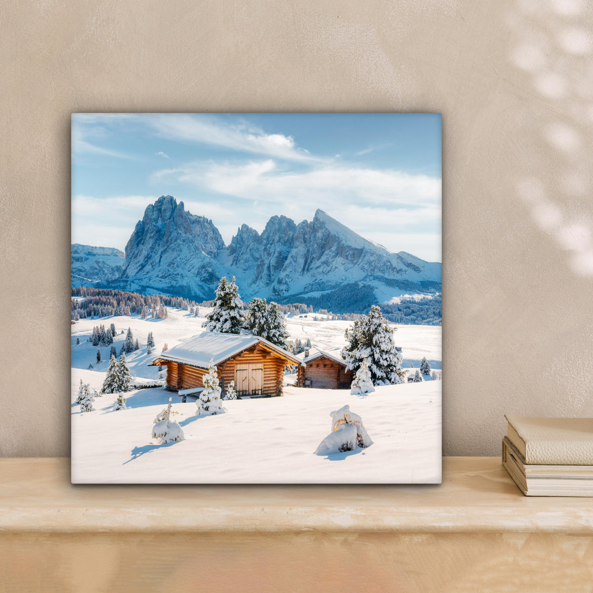 LEINWANDBILD Winter - Hütte - Berge - Aussicht - Schnee 20x20 cm - Eichefarben, Textil (20/20cm) - MuchoWow