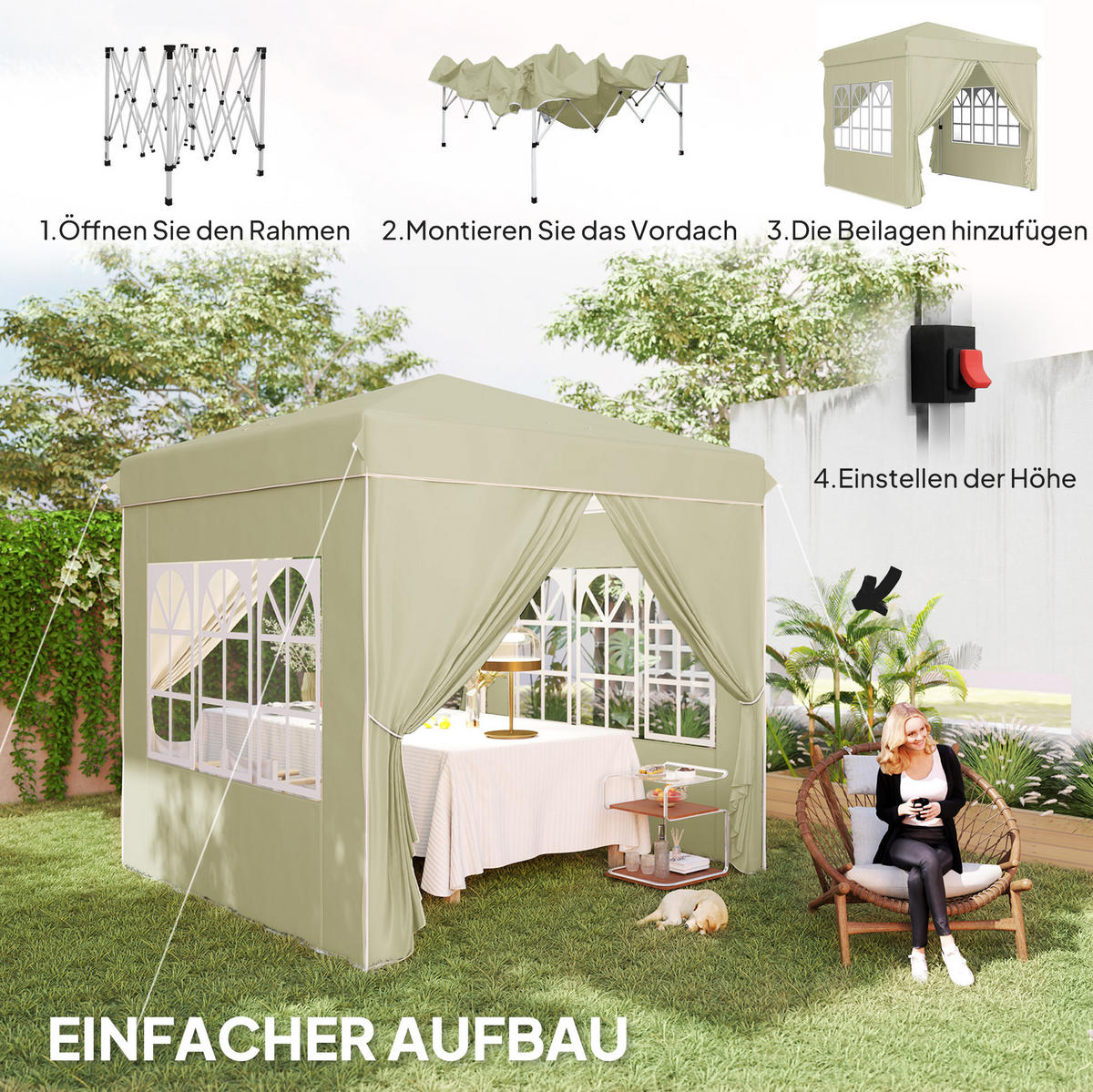 PAVILLON 248/248/270 cm mit Pop-up-Mechanismus, höhenverstellbar und UV-Schutz 50+, Cremeweiß - Beige, Textil (248/270/248cm) - Redom