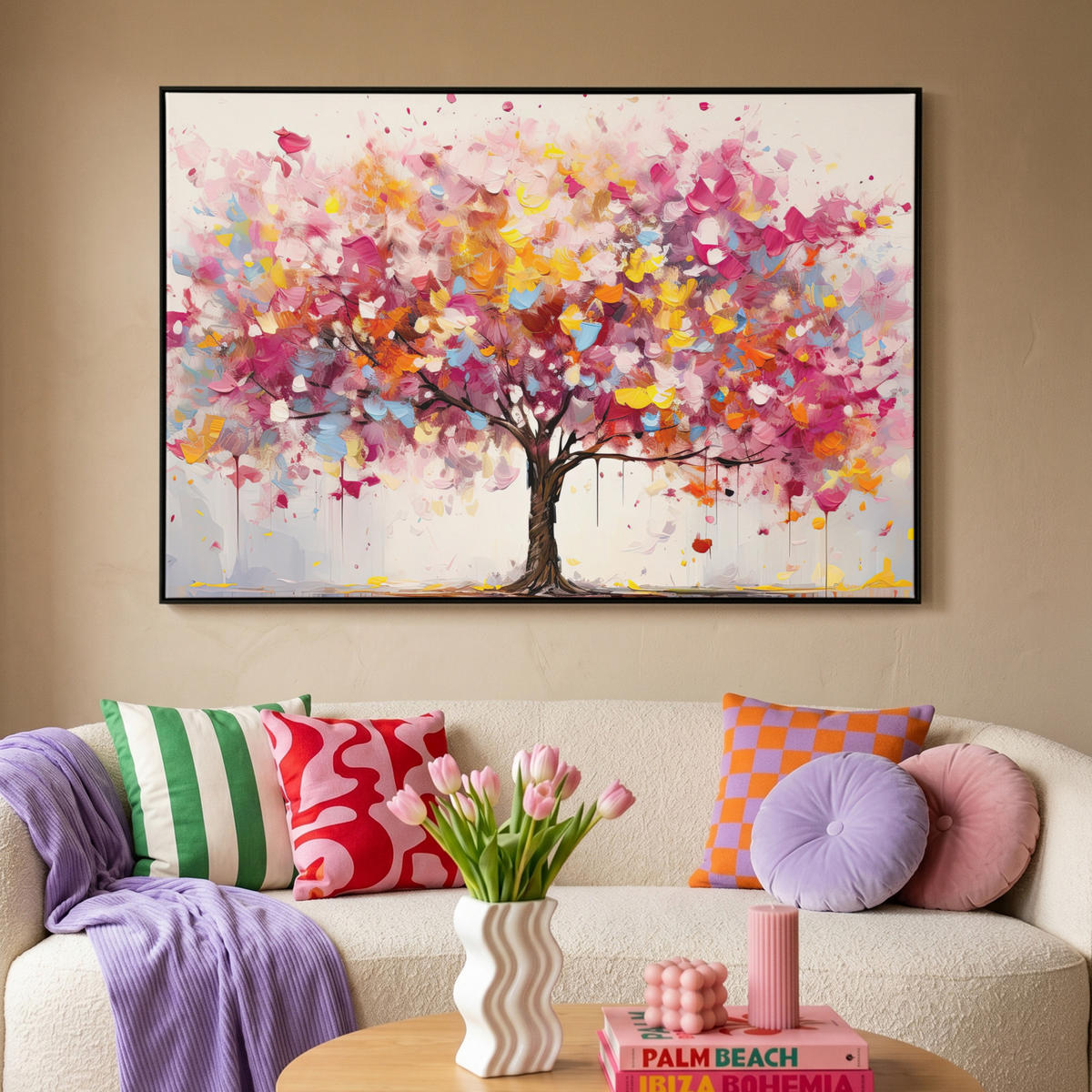 LEINWAND Bilder mit Rahmen - Aquarell - Baum - Kunst - Abstrakt - 120x80 - Multicolor, Textil (120/80cm) - MuchoWow