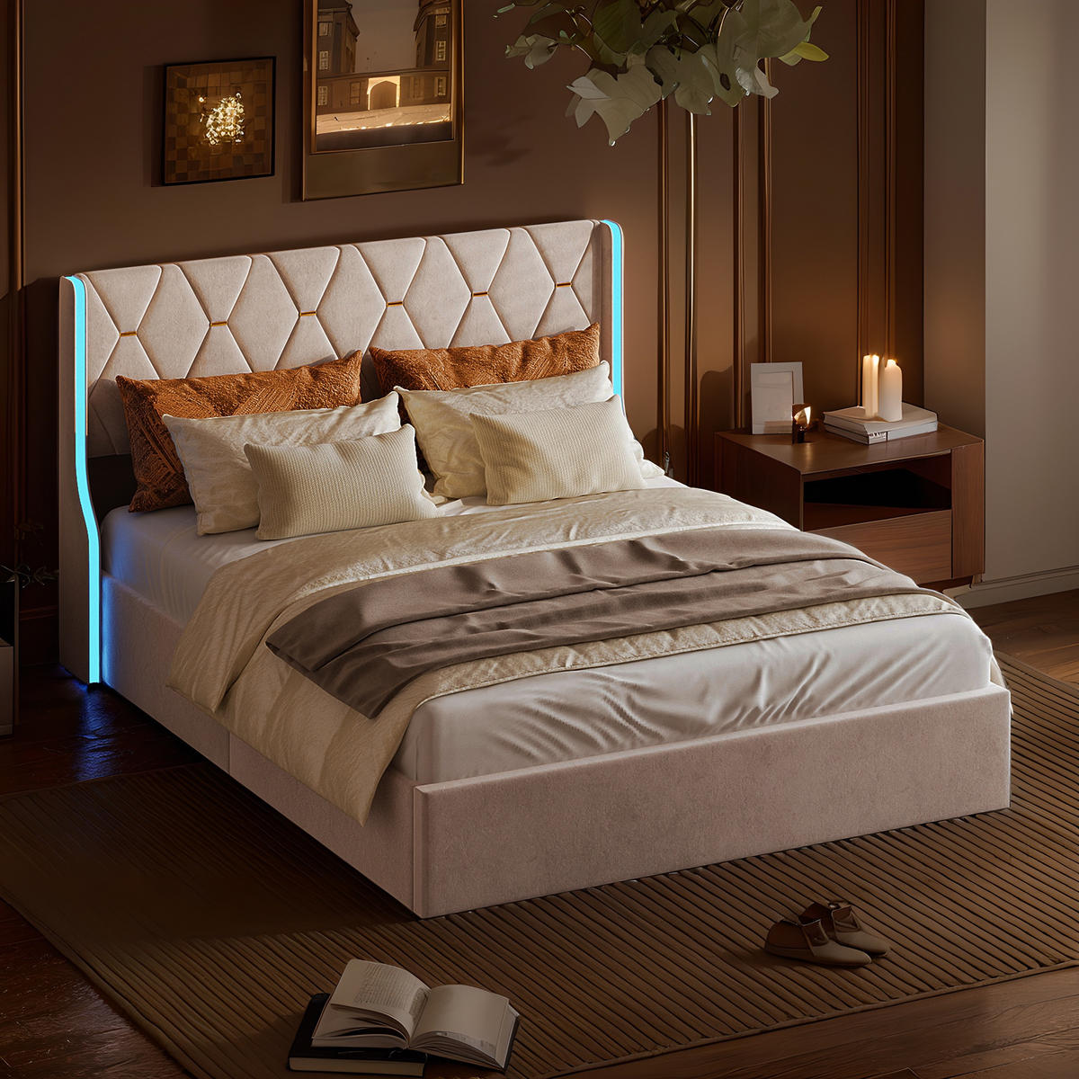 POLSTERBETT 140x200 cm mit Hydraulik-Stauraum Samt-Bezug LED-Beleuchtung an den Seitenflügeln Beige - Beige, Textil (140/200cm) - DELFA