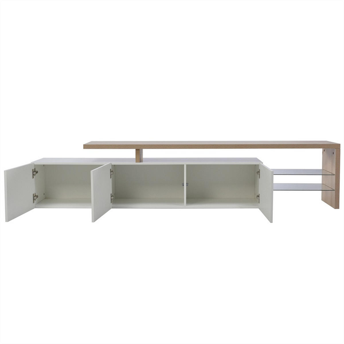 TV-LOWBOARD - TV-Schrank mit LED-Beleuchtung - offenem Glasregal und Stauraum - Weiß+Natur - Weiß, Holzwerkstoff (39/42/200cm) - DELFA