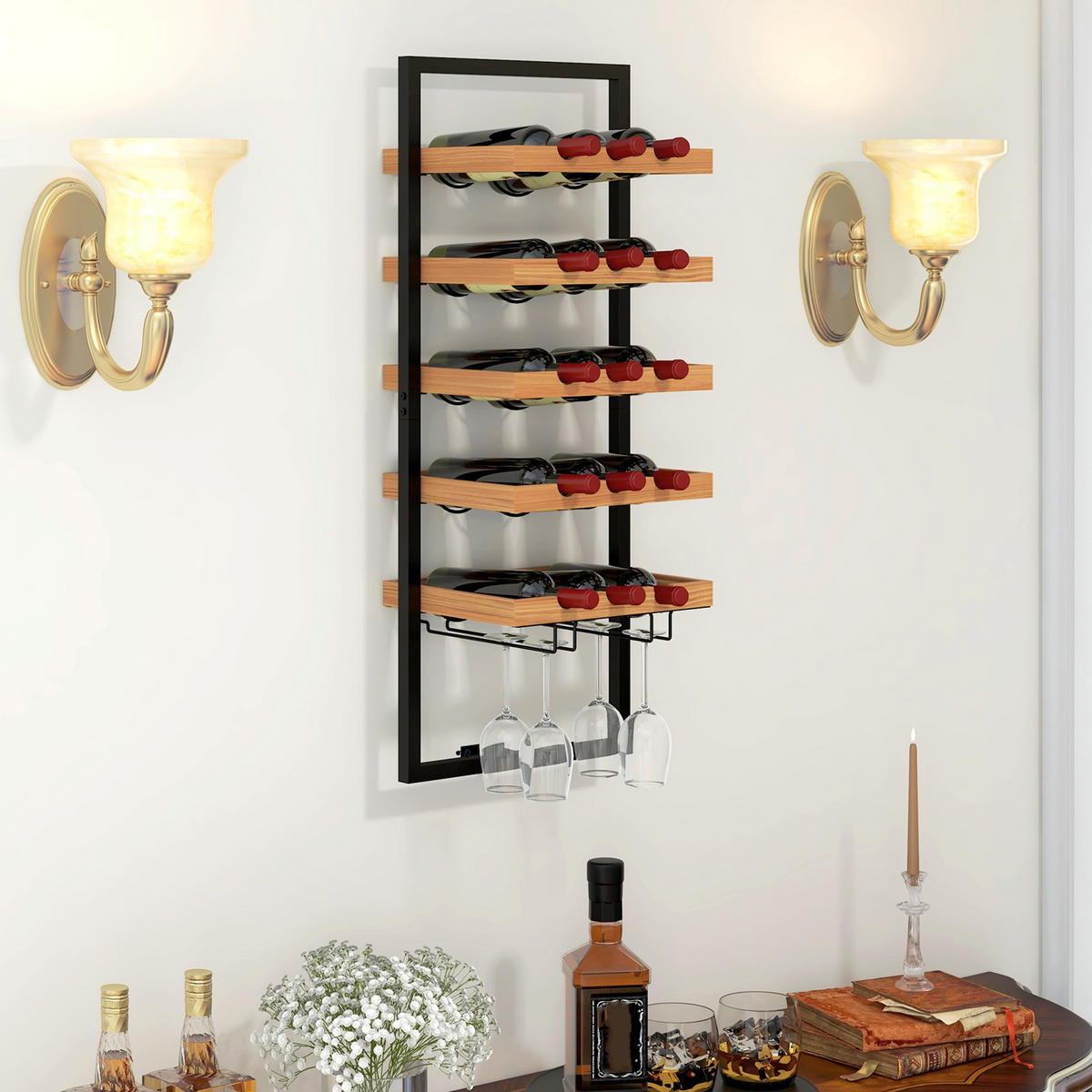 WEINREGAL stapelbar, wandmontierbares Flaschenregal mit 5 Ablagen, Glashaltern - Braun, Textil (25/86/35cm) - HOMCOM