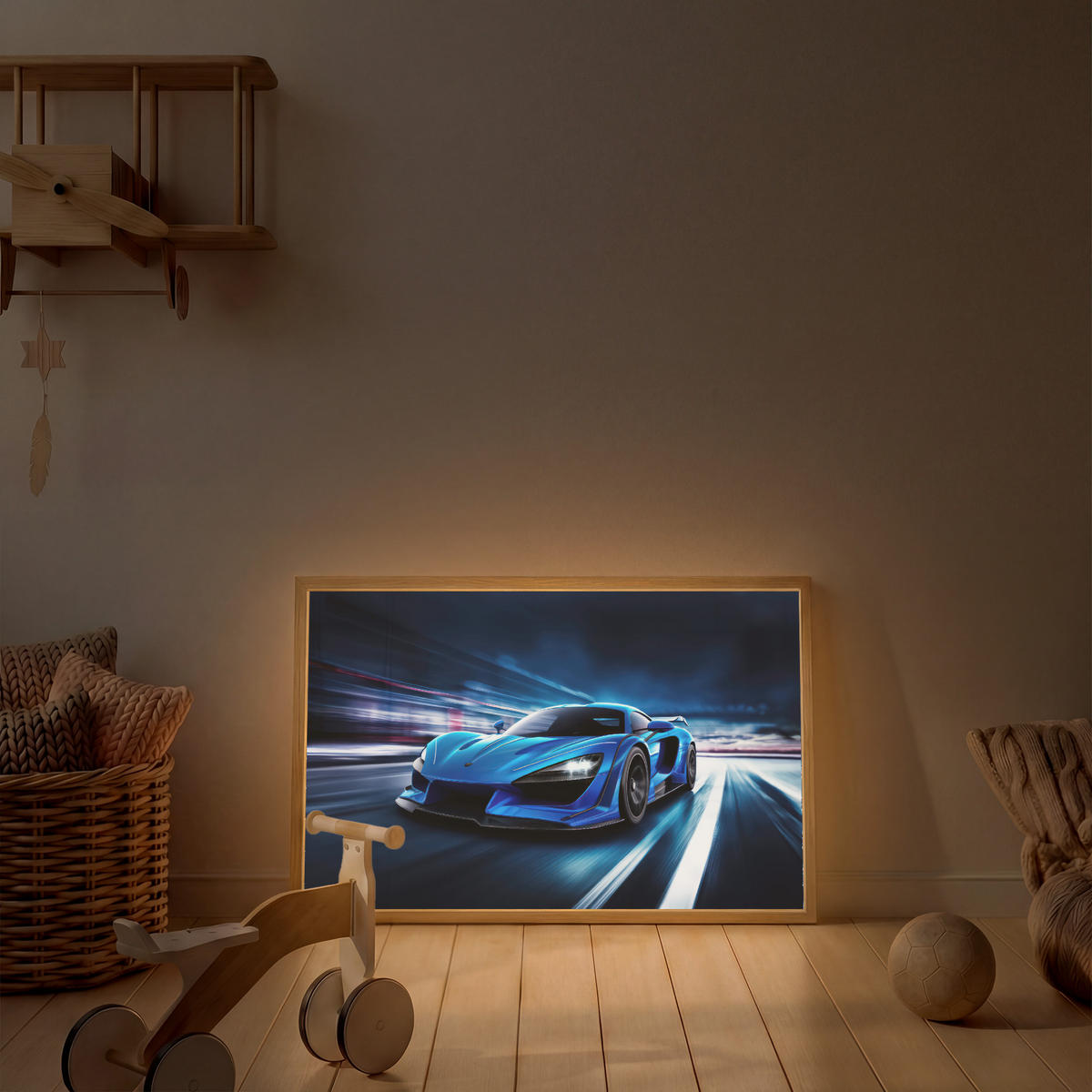 DOBÍJECÍ NOČNÍ LAMPIČKA Auto - Modrá - Chlapci - Dítě 90x60 cm - modrá, kompozitní dřevo (8/90/60cm) - OnlyWow