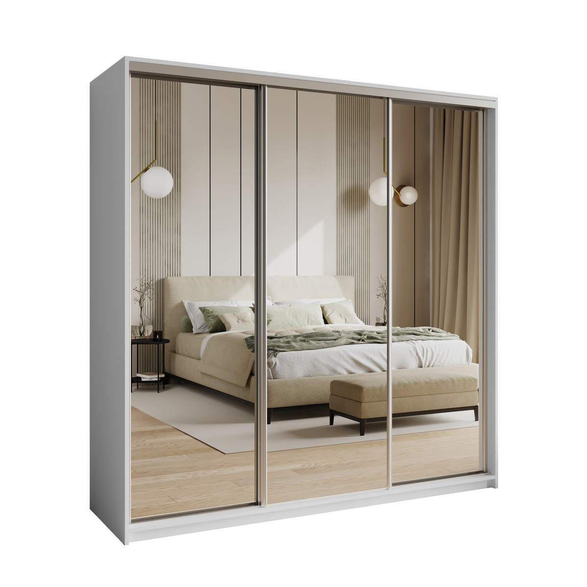 SCHWEBETÜRENSCHRANK RIEN 180/205/60 cm 3-türig mit Spiegel und Schubladen Weiß - Weiß/Nickelfarben, Holzwerkstoff (180/205/60cm) - MASSENO