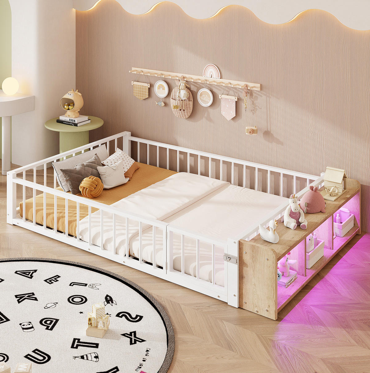 KINDERBETT aus Metall und MDF 140x200 cm Weiß mit Schutzgeländer, Stauraum und LED-Beleuchtung - Weiß, Holzwerkstoff (140/200cm) - IVMEU