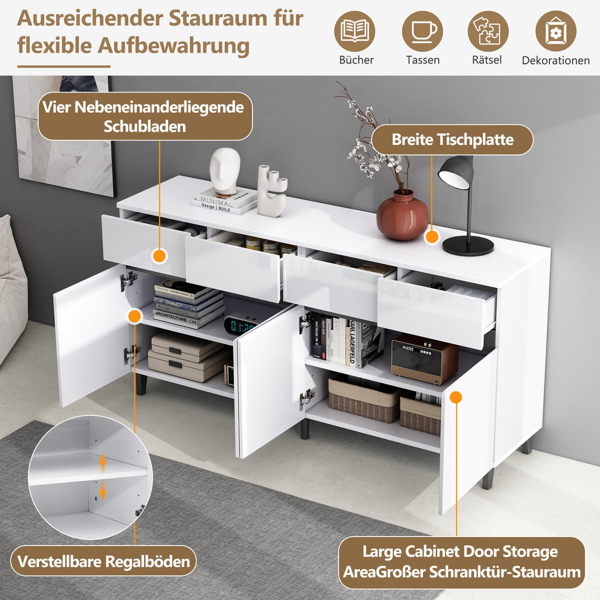 SIDEBOARD, 4 Schubladen, 2 Türen, Hochglanz - Weiß, Holzwerkstoff (40/68/160cm) - FLIEKS