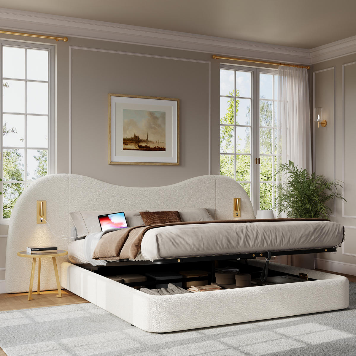 POLSTERBETT aus Schleife 180x200 cm in Weiß mit Stauraum & USB & Leselampe - Weiß, Textil (180/200cm) - Modfu