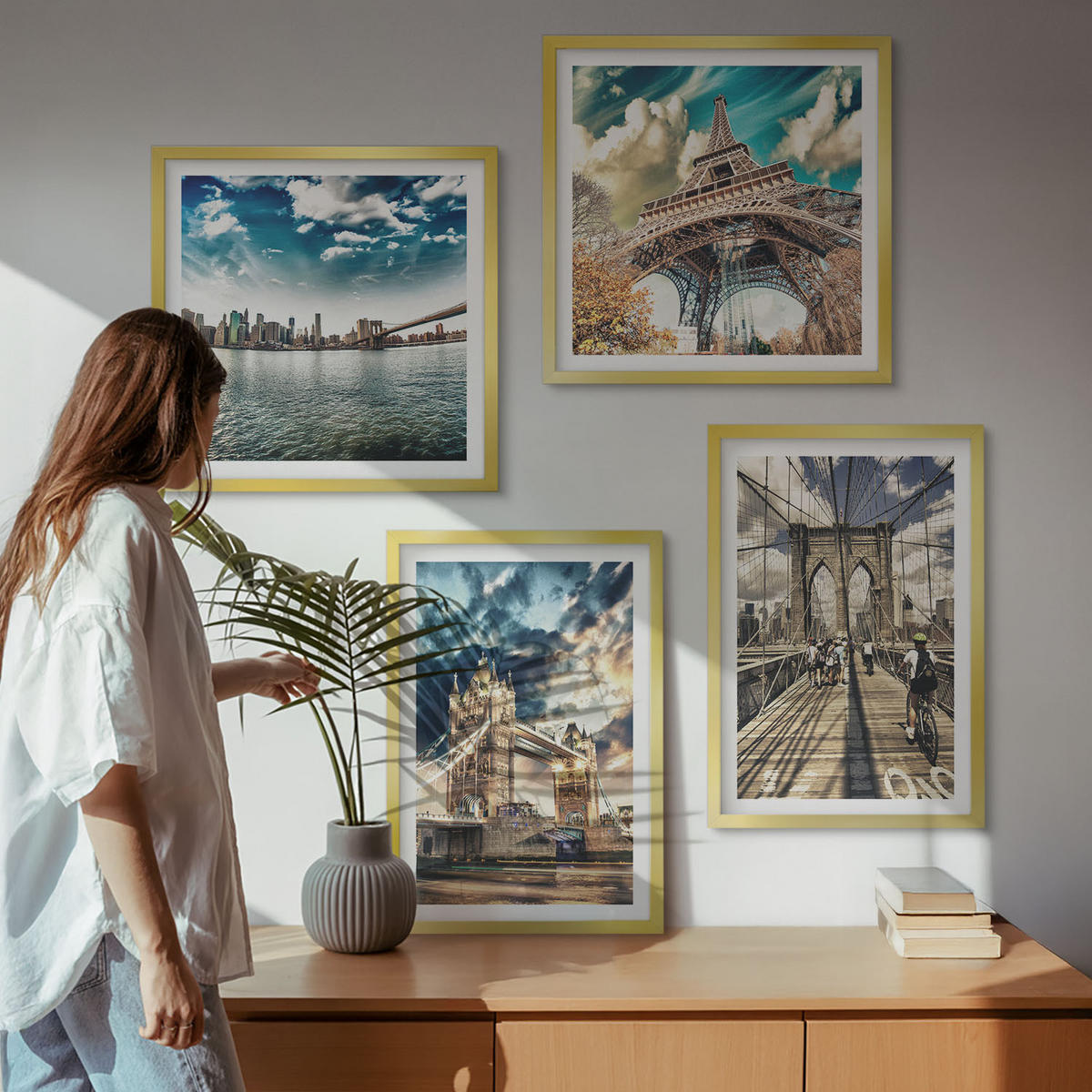 WANDBILDER 4er Set - 50x50 cm & 40x60 cm Goldrahmen - Turmbrücken in europäischen Städten - Goldfarben, Kunststoff (50/50cm) - ArtPrintCave