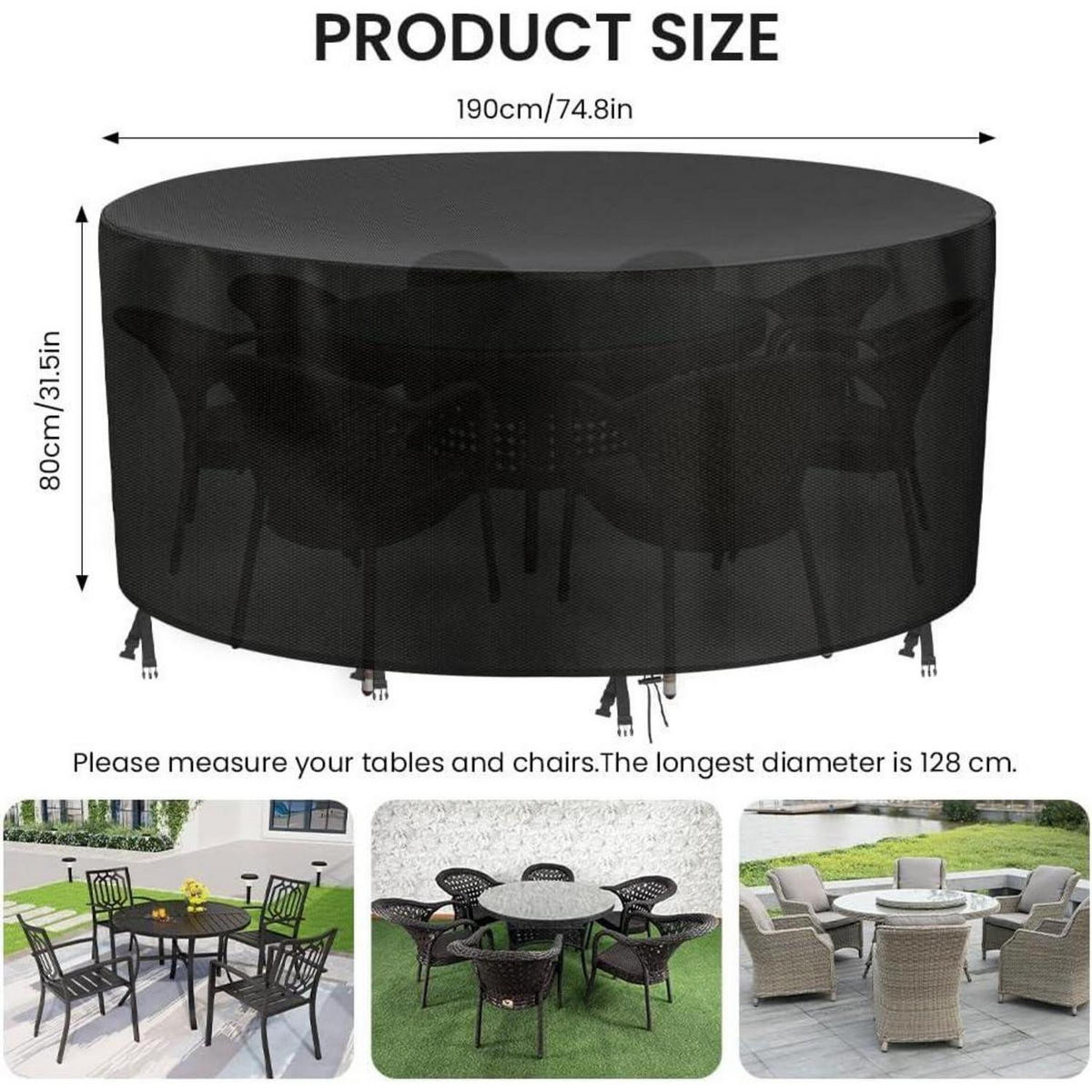 ABDECKHAUBE Gartentisch Rund 190 x 80 cm Wasserdicht - Schwarz, Kunststoff (80/80/190cm)