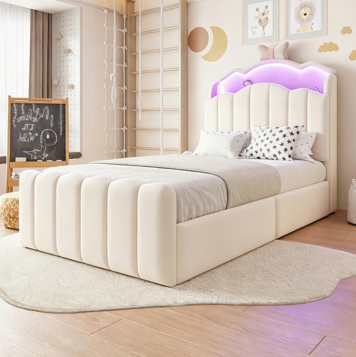 KINDERBETT 90x200 cm in Beige mit LED-Beleuchtung, Stauraum und USB-Anschlüssen - Beige, Textil (90/200cm) - IVMEU