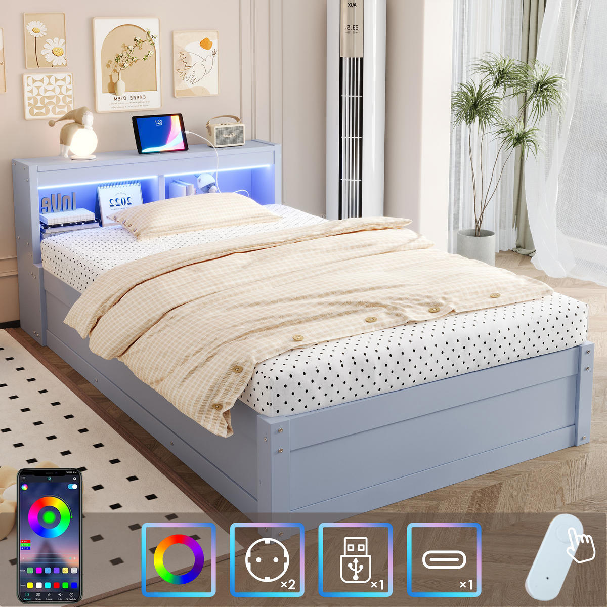 SCHLAFSOFA 90x200cm LED Stauraum Steckdose Massivholz Grau - Grau, Holzwerkstoff (90/200cm) - FLIEKS
