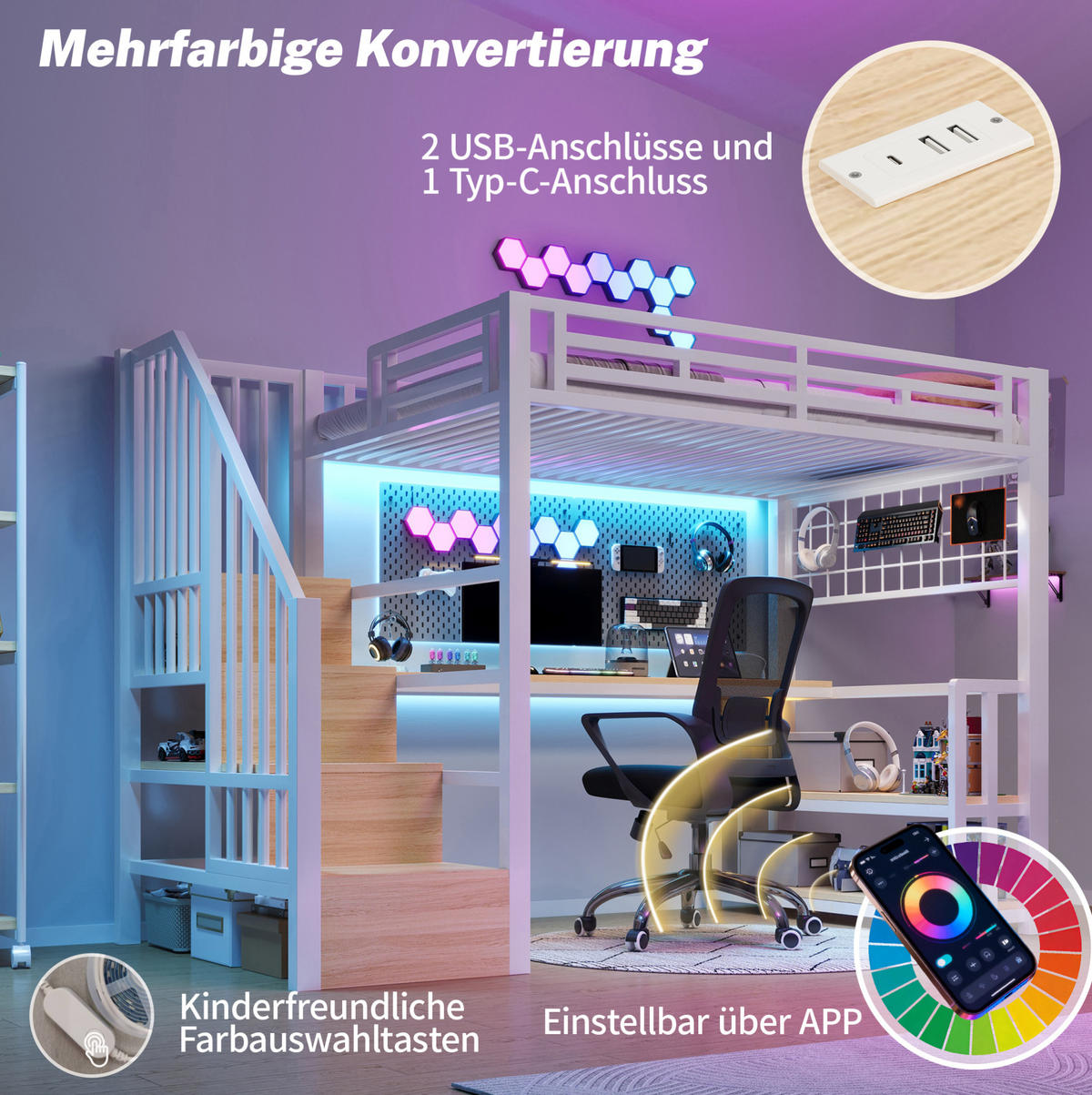 HOCHBETT 90/200 cm Weiß aus Metall und MDF mit Schreibtisch - Weiß, Metall (90/200cm) - OKMYHOME