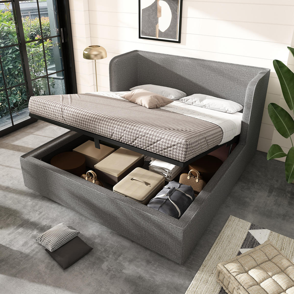 POLSTERBETT 160x200cm Doppelbett Hydraulik-Stauraum Leinen Bezug Grau - Grau, Holz - FLIEKS