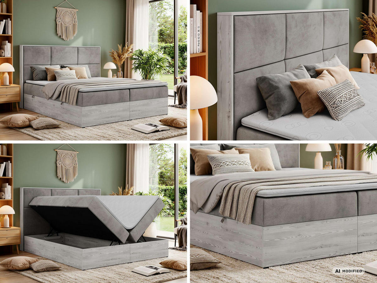 KONTINENTÁLNÍ POSTEL DELNOR 160/200 - Světle šedá Samet - Topper Visco - H3 - černá/světle šedá, textil/plast (160/200cm) - MKS