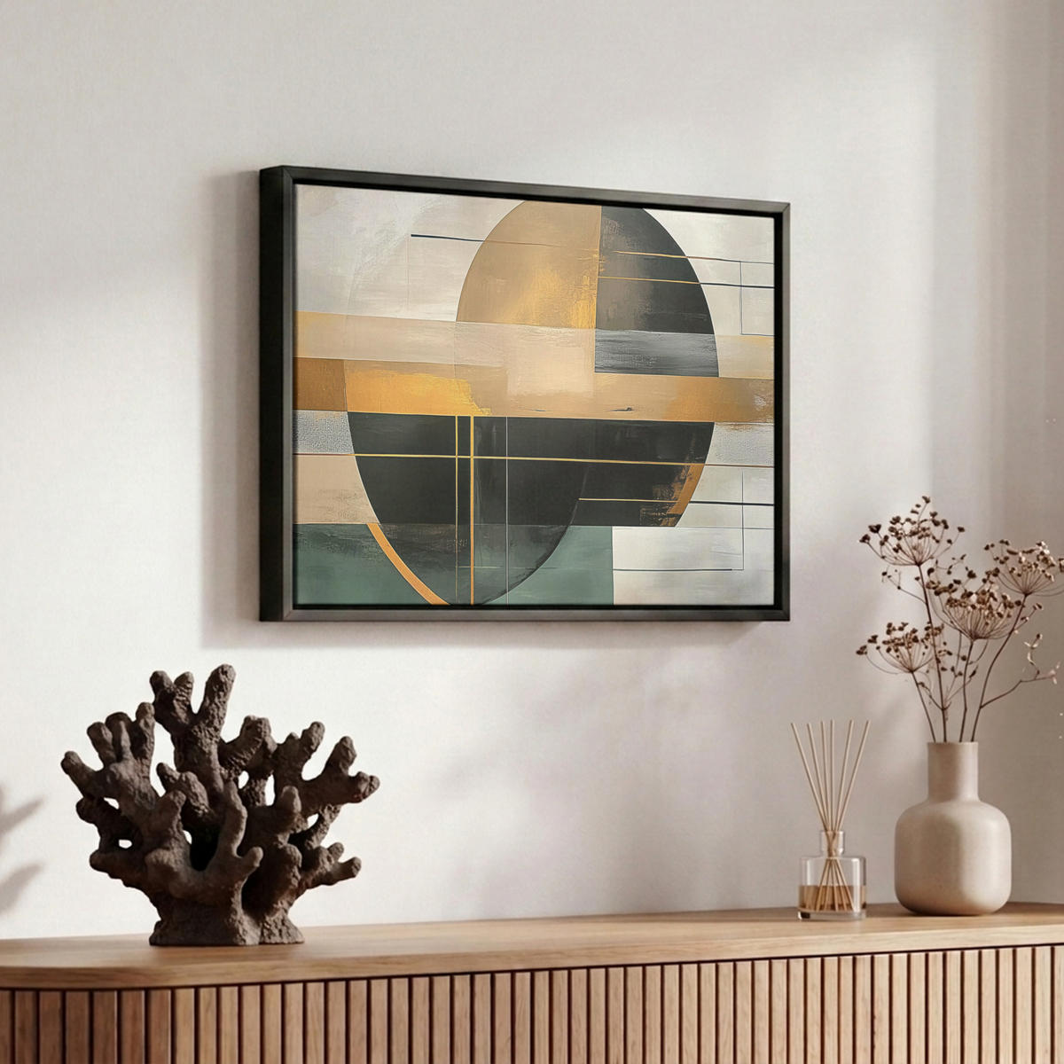 LEINWAND Bilder mit Rahmen - Abstrakt - Gold - Bronze - Grün - Formen - Modern - 30x20 - Multicolor, Textil (30/20cm) - MuchoWow