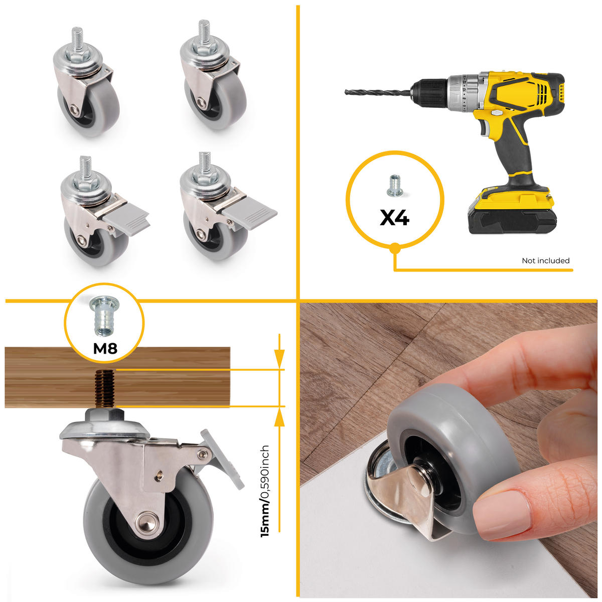 ROLLEN Slip mit Verbindungsbolzen, Durchmesser 50mm, Stahl und Kunststoff, Grau 4er-set - Grau, Metall (1.85/7/1.95cm) - EMUCA
