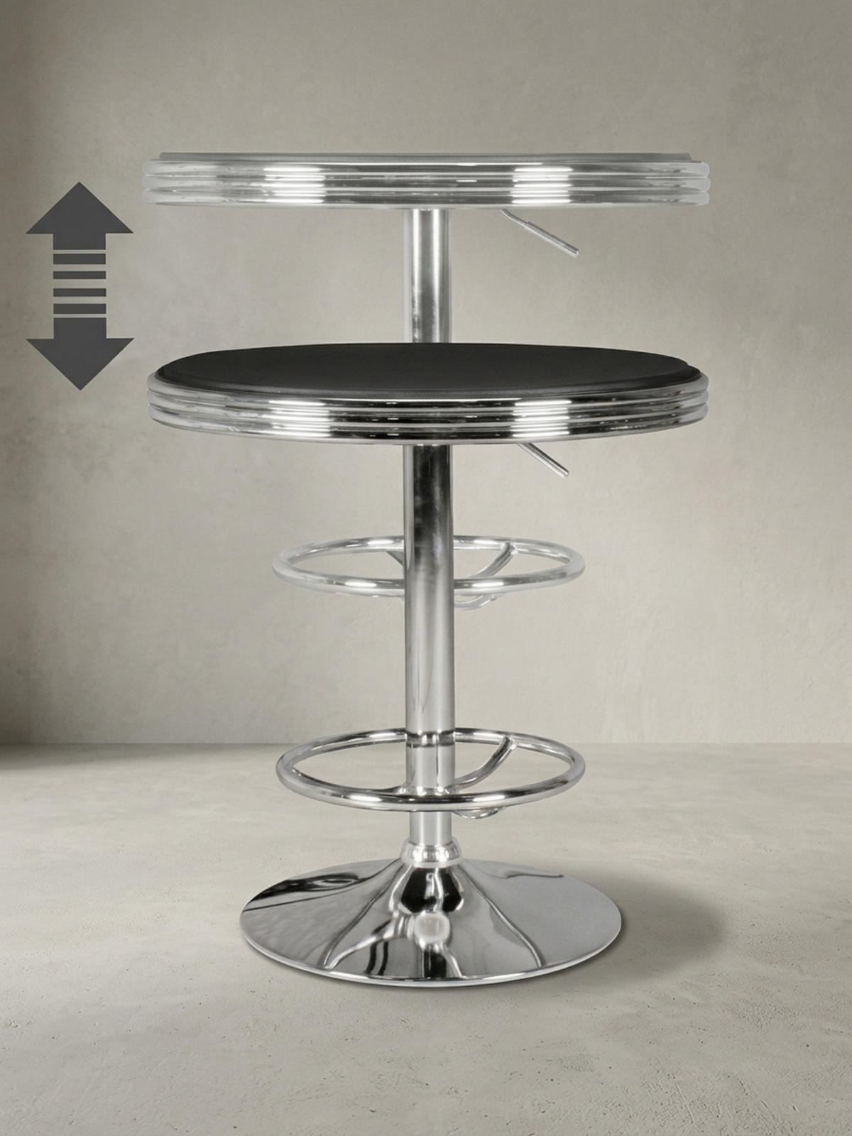 BARTISCH – Retro-Stil, höhenverstellbar, Aluminiumoptik, Kunstleder - Silberfarben/Schwarz, Textil/Metall (60/60/68cm) - KADIMA DESIGN