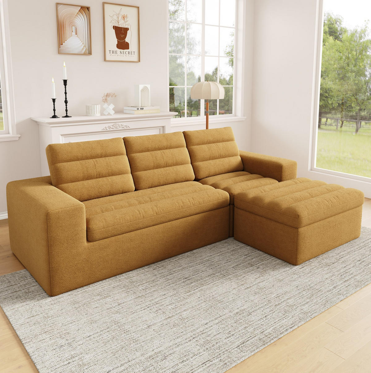 ECKSOFA 253/161/89 cm orange aus Chenille mit Hocker - Orange, Textil (161/253cm) - OKWISH