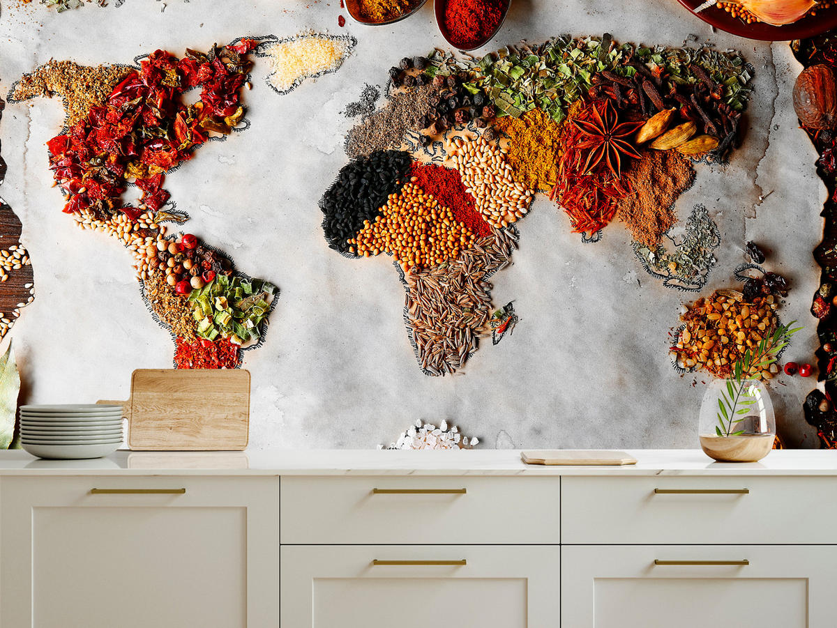 FOTOTAPETE für Küche Gewürz-Weltkarte Kulinarisch Kunst 350x256 - Beige/Gelb, Papier (350/256cm) - Muralo