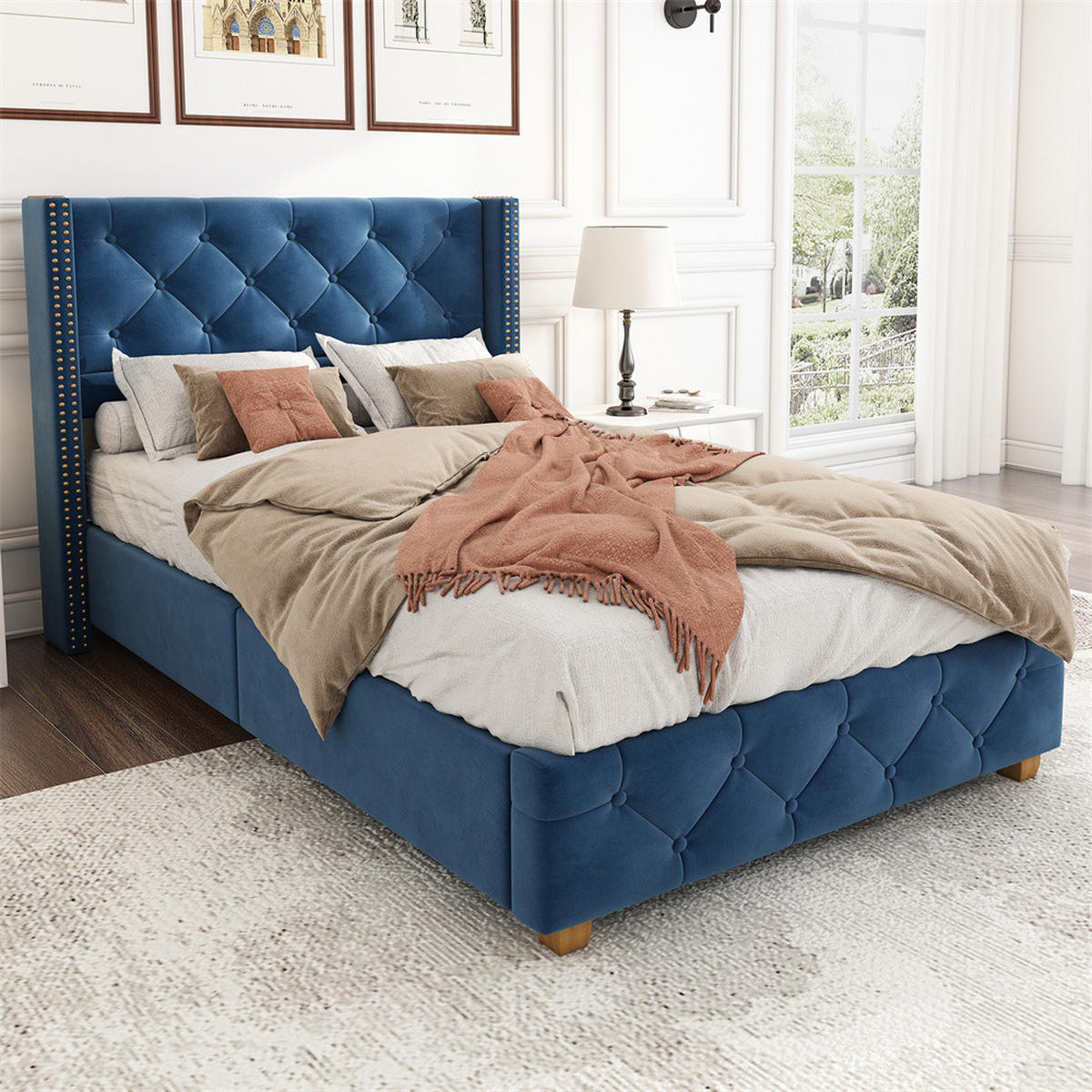 POLSTERBETT 90/200 cm in Blau Samt - Blau, Holz/Textil (90/200cm) - KOMHTOM