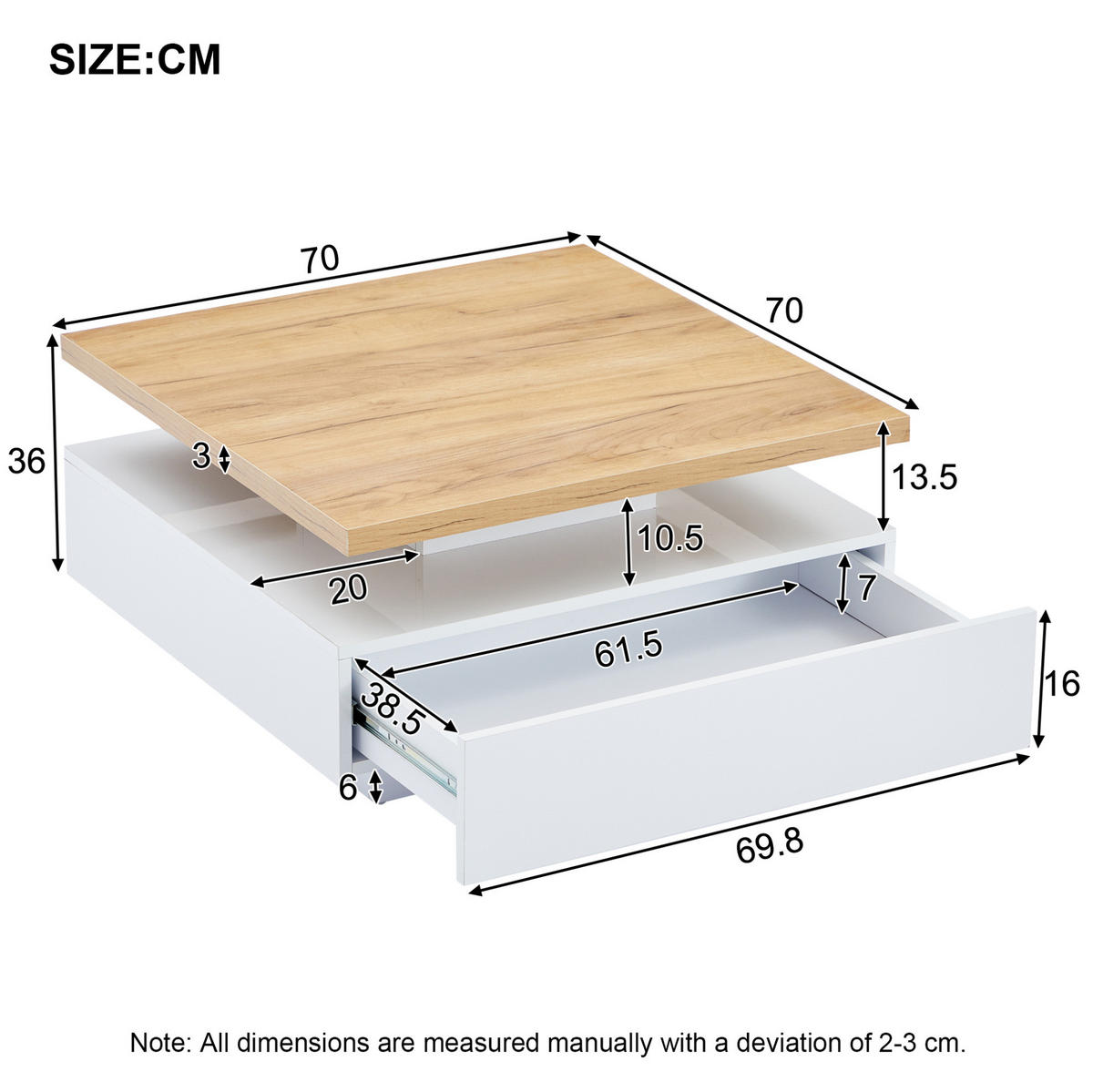 COUCHTISCH 70/70/36 cm weiß Hochglanz mit 360° schwenkbarem Tisch und Stauraum - Weiß, Holzwerkstoff (70/70/36cm) - OKWISH