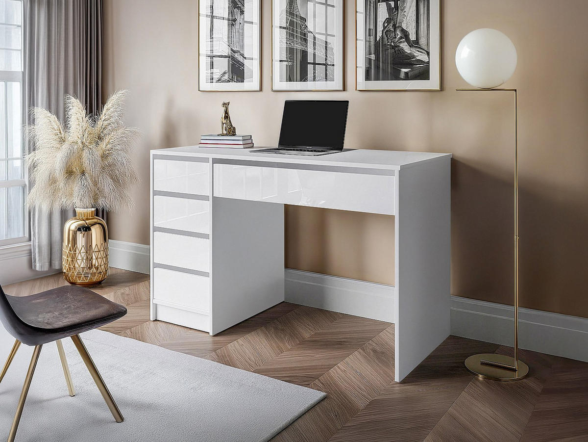 SCHREIBTISCH mit 5 Schubladen - Weiß Glänzend - JENEMI - Weiß, Holz (55/120/76cm) - Vente-Unique
