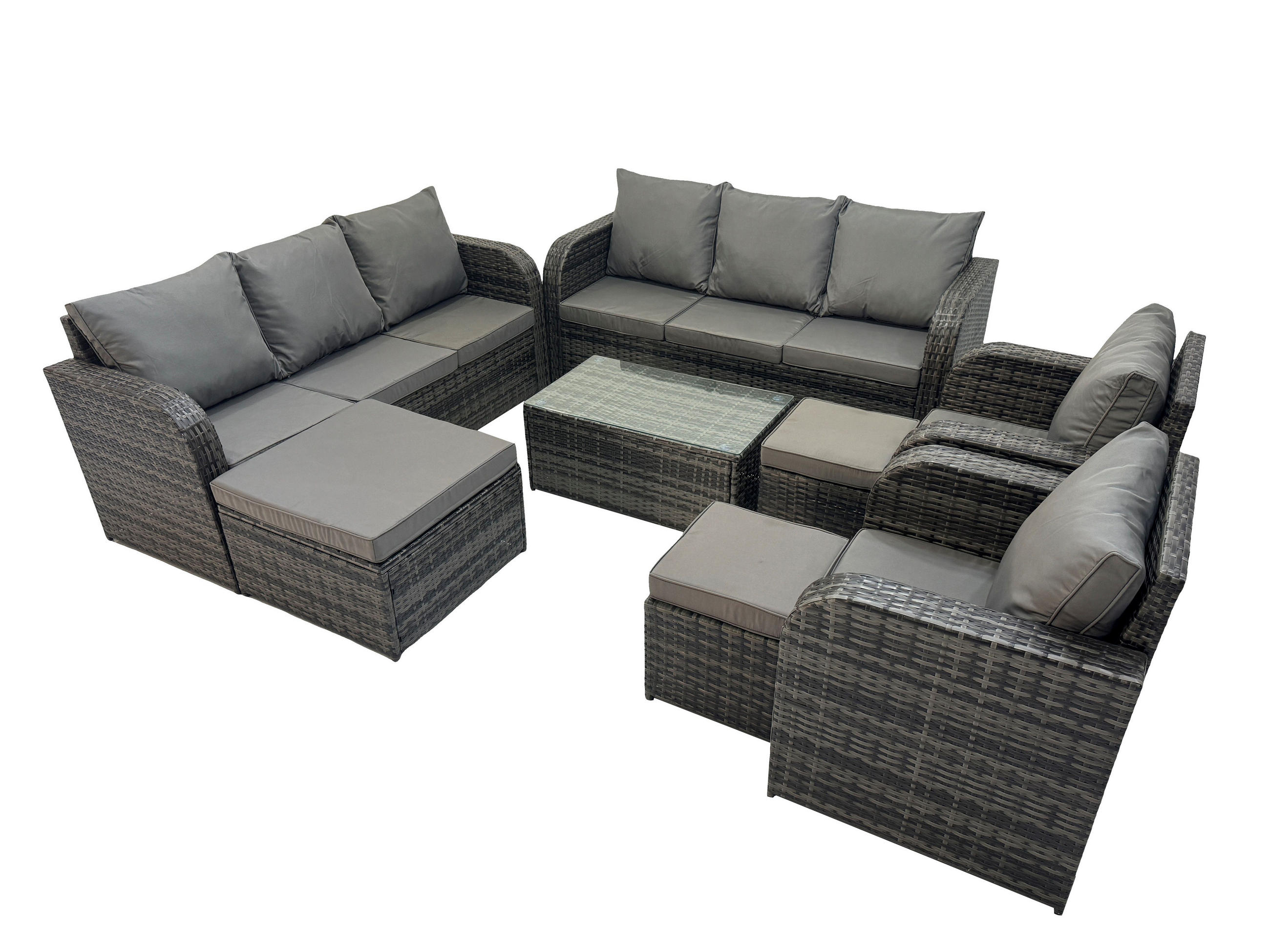 GARTENMÖBEL-SET mit Kissen Polyrattan Dunkelgrau 11-Sitzer - Dunkelgrau/Grau, Glas/Kunststoff - Fimous