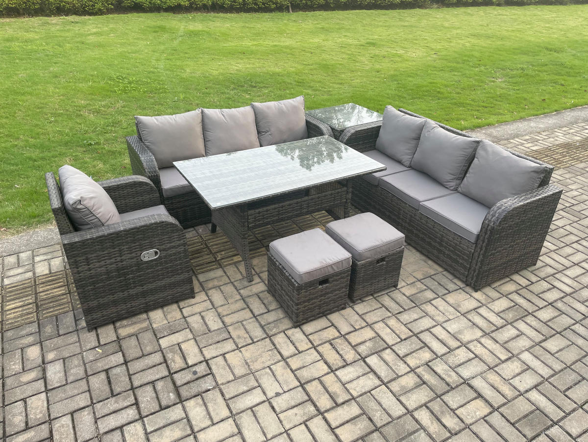 GARTENTISCHGRUPPE mit Beistelltisch Polyrattan Dunkelgrau 9-Sitzer - Dunkelgrau/Grau, Glas/Kunststoff - Fimous