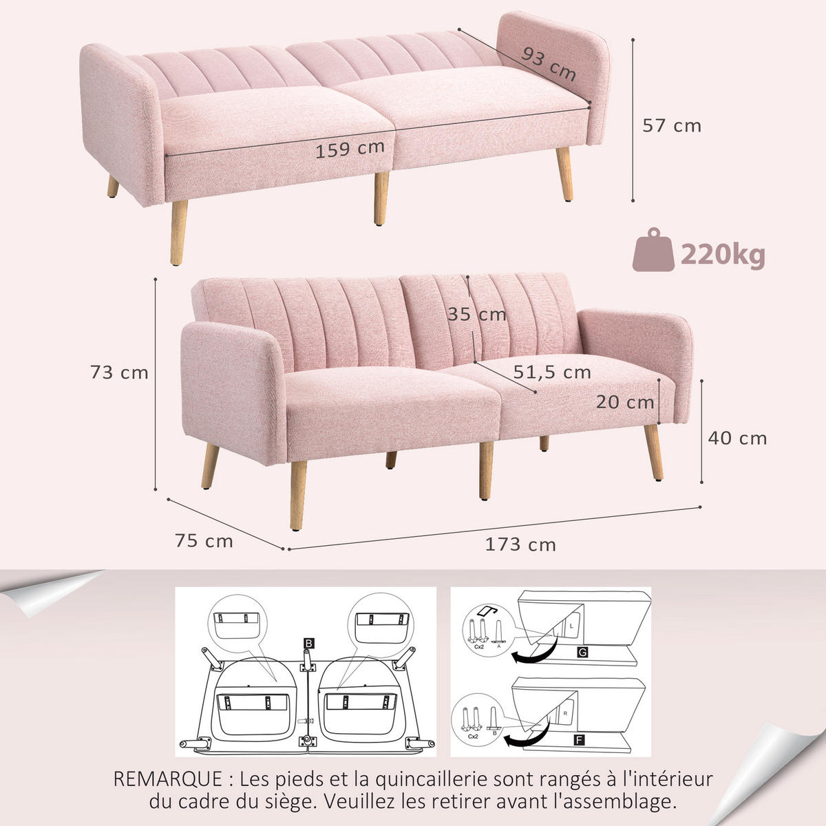 SCHLAFSOFA 2er-Sitz DE-14612 3-fach verstellbare Rückenlehne Rosa - Pink, Holzwerkstoff (173/73/75cm) - ComfortXL