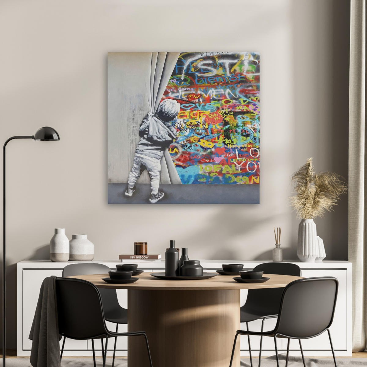 AKUSTIKBILD Graffiti - Junge - Ilussie - Straßenkunst Akustikpaneele 80x80 cm - Hellgrau, Kunststoff (80/80/0.9cm) - MuchoWow