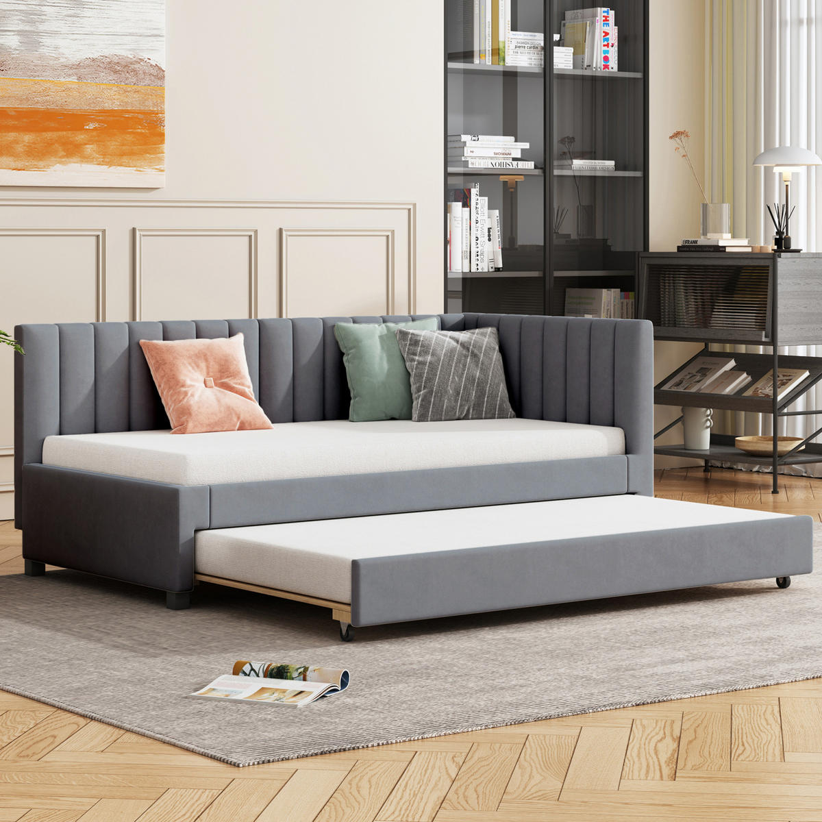 POLSTERBETT 90/200 cm mit Ausziehbett, Lattenrost und Samtbezug, Grau - Grau, Textil (90/200cm) - Redom