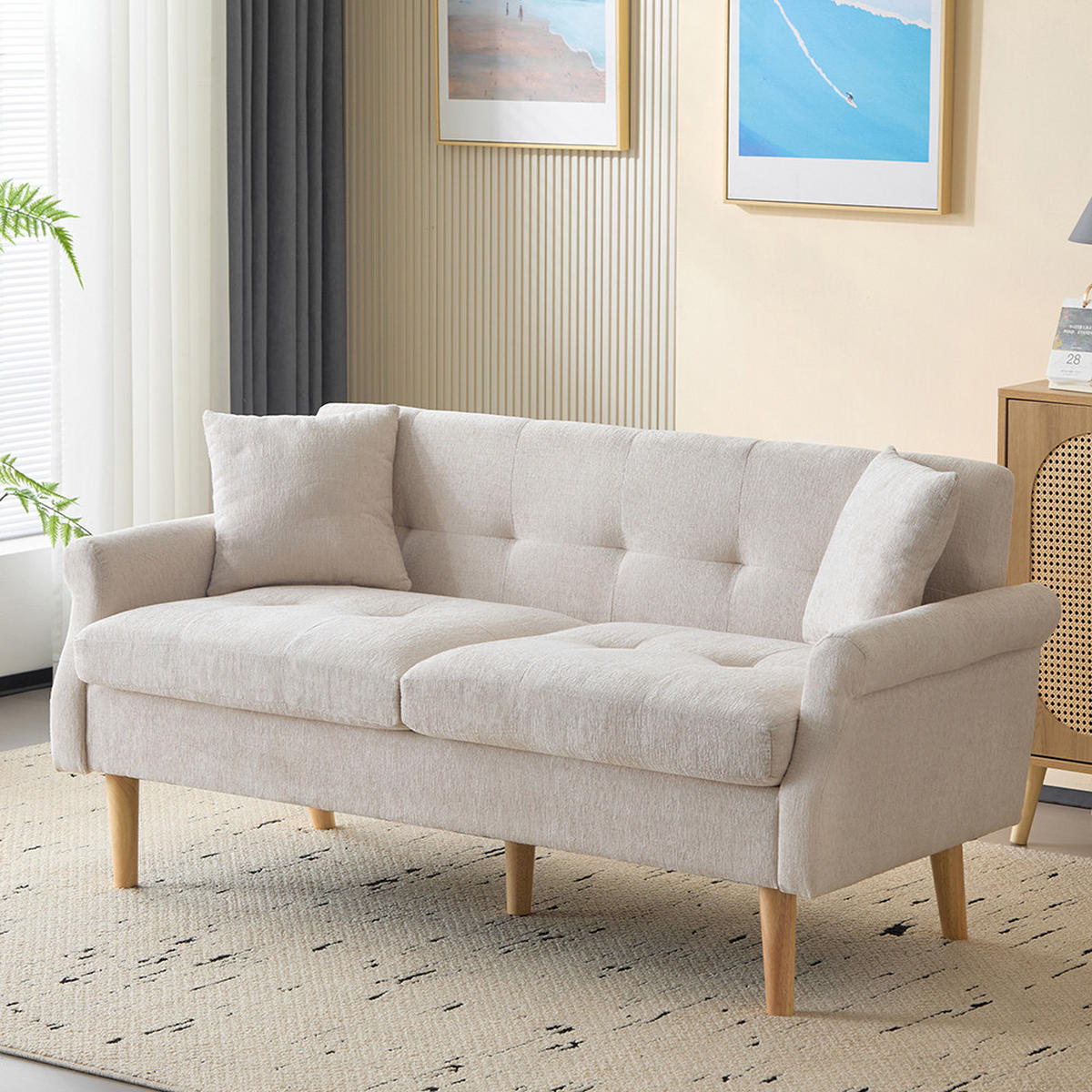 DOPPELSOFA in Beige Chenille-Stoff mit dicken Kissen - Beige, Holz/Textil (74/77/162cm) - KOMHTOM