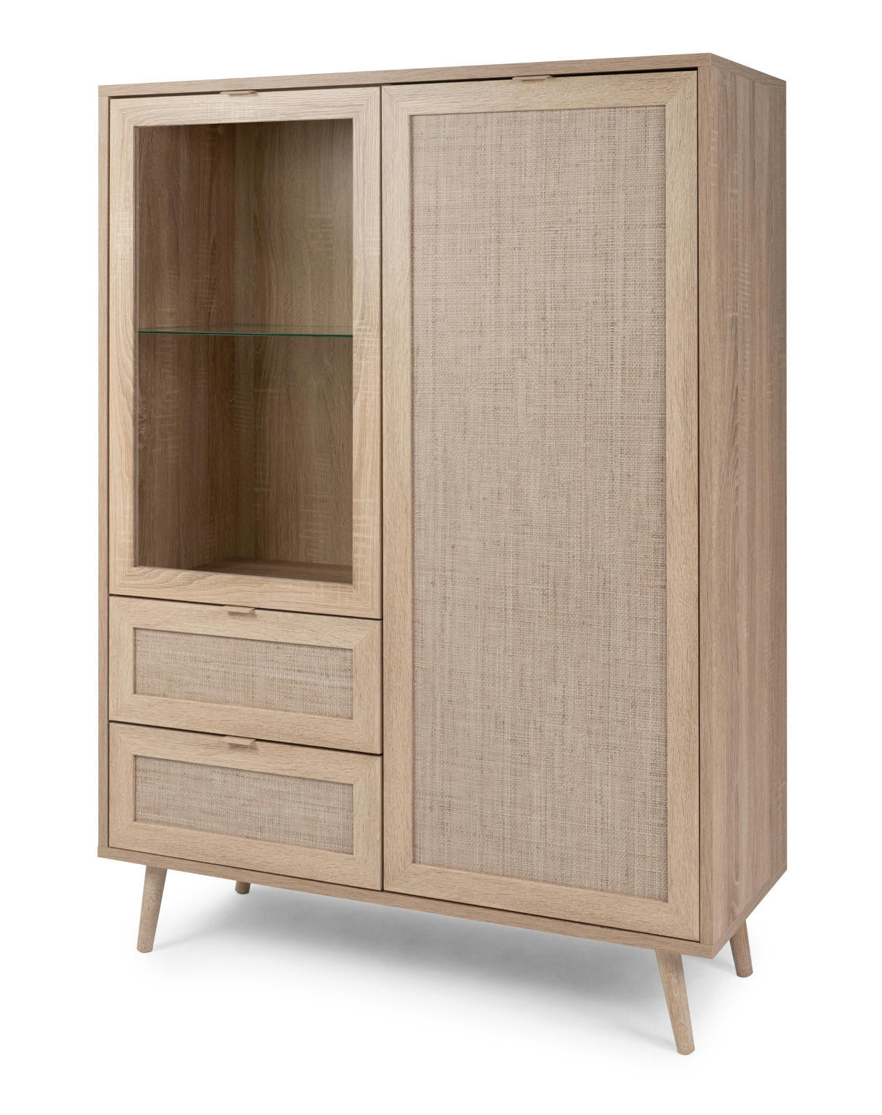 HIGHBOARD Eiche Sonoma, Bast-Dekor 102 cm, Anrichte skandinavisch - Eichefarben, Glas/Holz (101.5/139/40cm) - Furn.Design