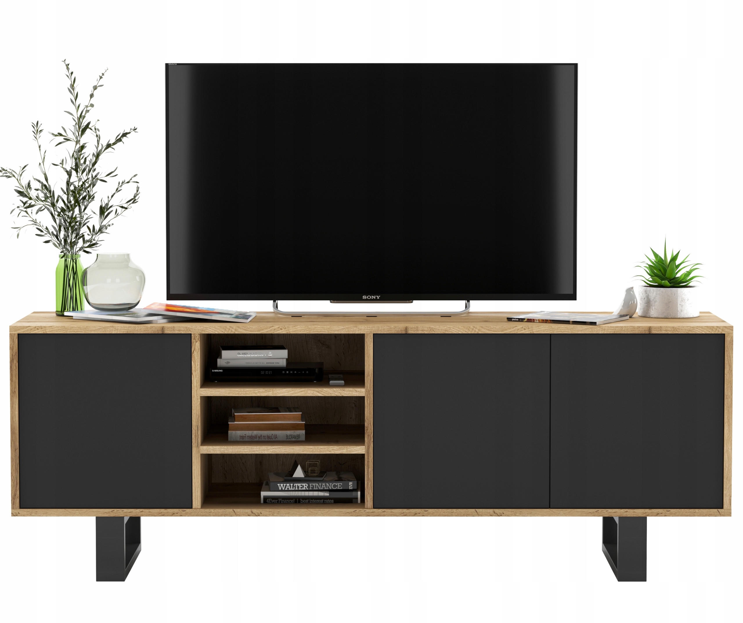 Meble Lindner TV stolek Apollo dub Wotan / černá matná 150 cm s kovovými nohami