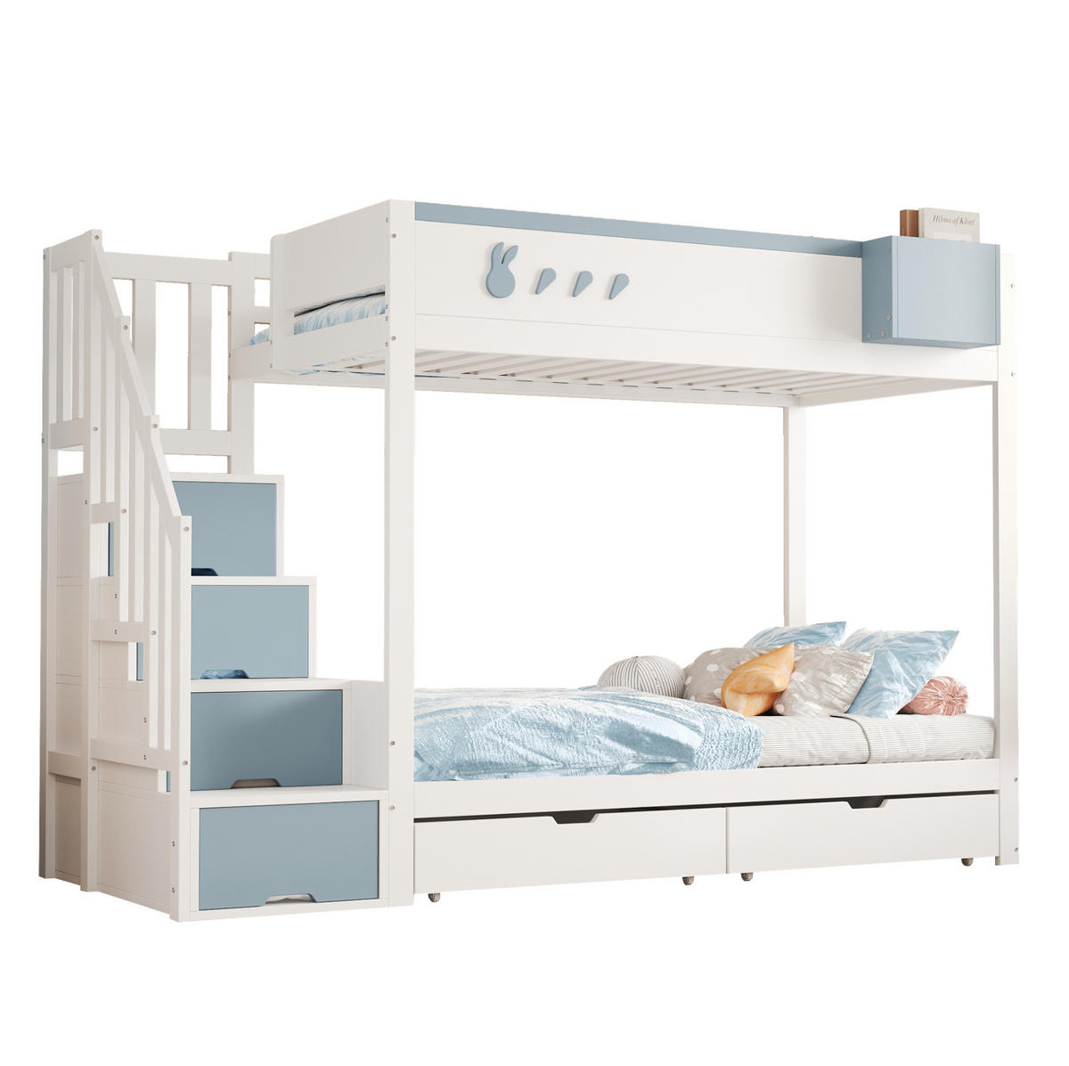 ETAGENBETT 90/200 cm mit Stauraumleiter, Schubladen und abnehmbarem Regal, Weiß, Blau - Weiß, Holzwerkstoff (90/200cm) - Redom
