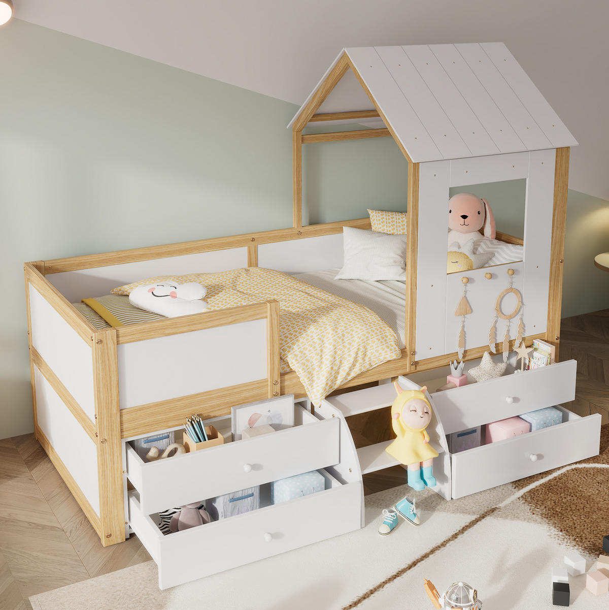 KINDERBETT Hausbett 90/200 cm, Weiß/Natur mit 4 Schubladen und Treppe - Weiß, Holz (90/200cm) - MIVRAY