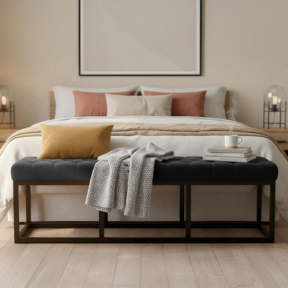 SITZBANK 150/37 cm Samt Schwarz - Schwarz, Textil/Metall (150/42/37cm) - CLP