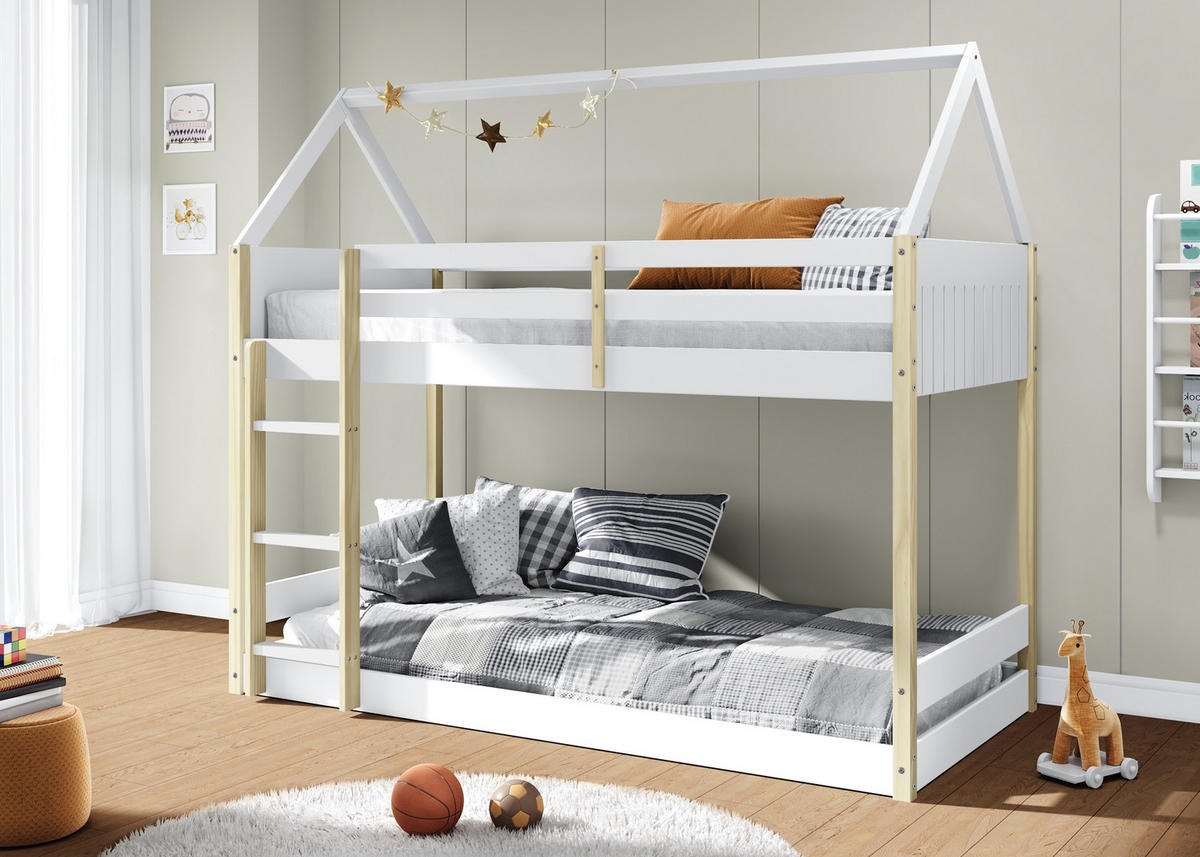 MONTESSORI Etagenbetten 90x190 cm in Hausform 104,7/200/174,9 cm - Weiß, Holz - Calicosy