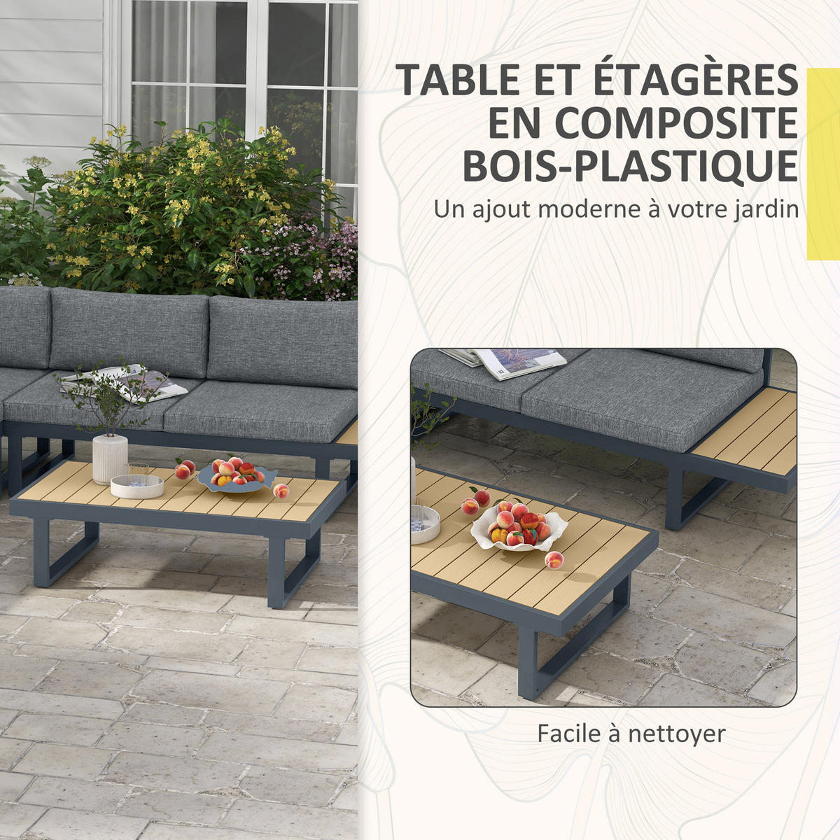 LOUNGEGARNITUR 5 Sitzplätze DE-13401 Aluminium & Holzoptik Anthrazit - Dunkelgrau, Metall - ComfortXL