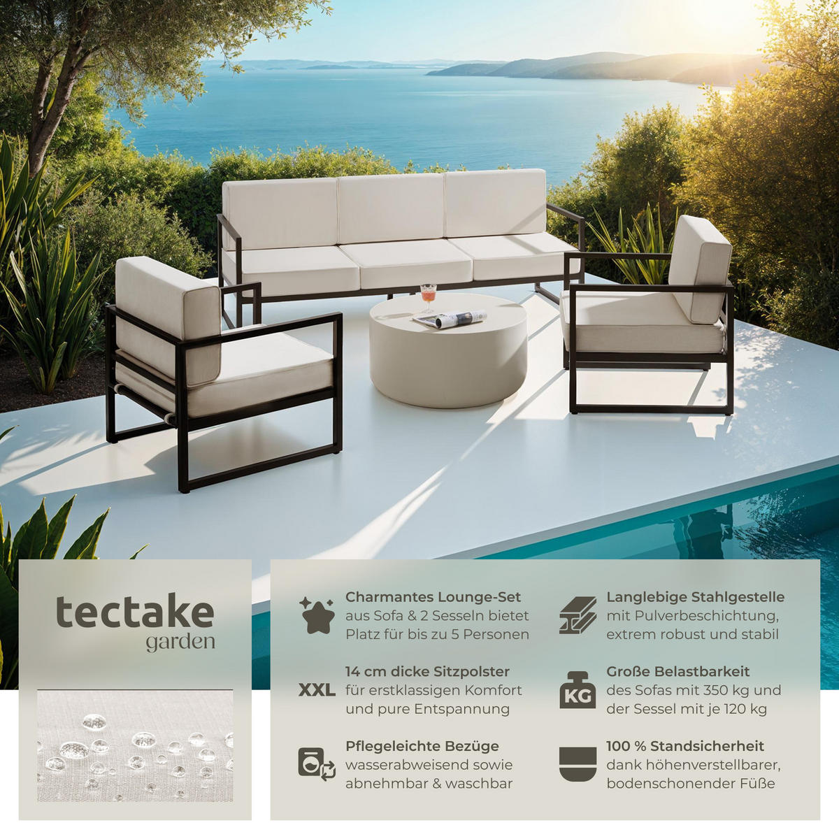  GARTEN-LOUNGESET  comosa, höhenverstellbare Füße,braun/beige - Beige/Braun, Kunststoff - tectake