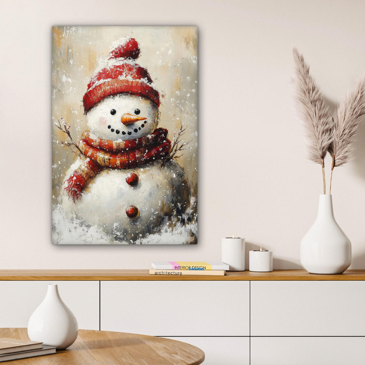 LEINWANDBILD Schneemann - Winter - Schnee - Beige 60x90 cm - Weiß, Textil (60/90cm) - MuchoWow