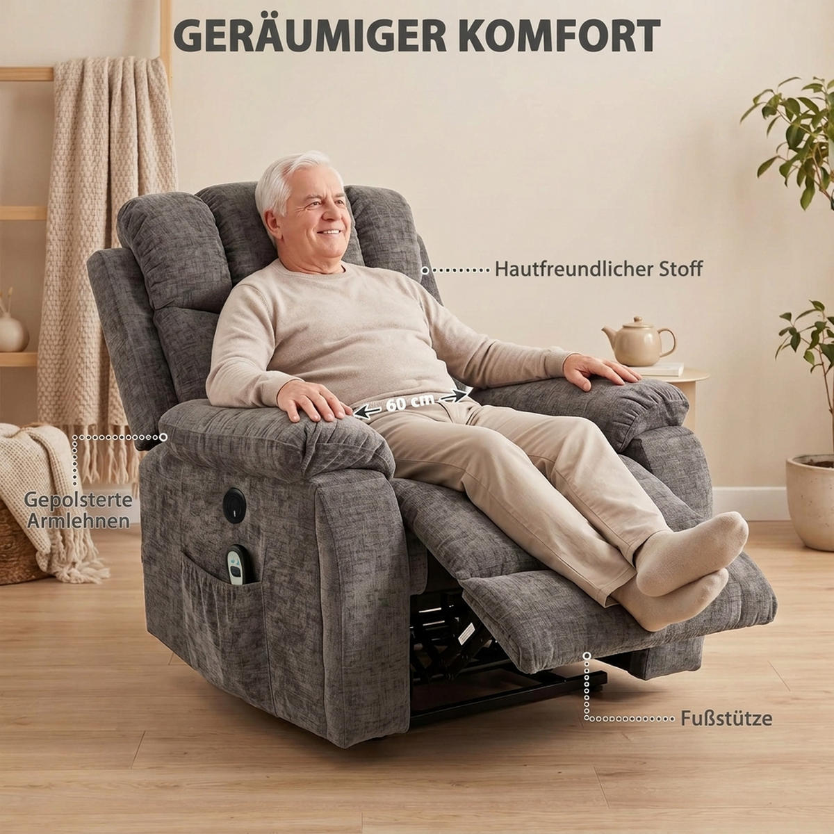 TV křeslo Chenille látka ocel tmavě šedá - černá/tmavě šedá, kov/textil (99/104/98cm) - HOMCOM