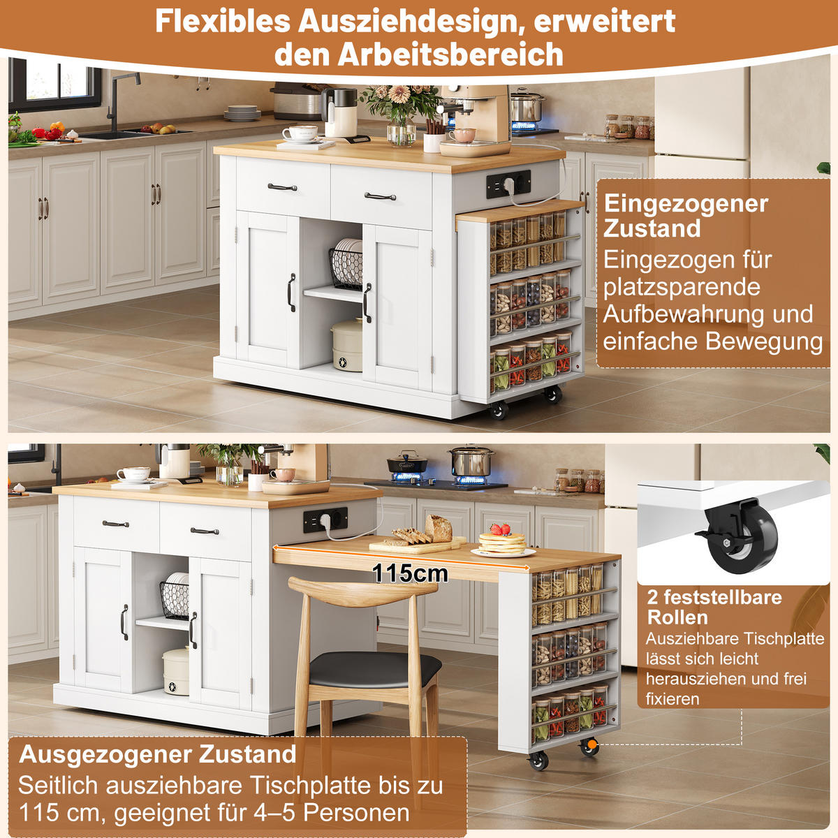 KÜCHENINSEL 133.5/60/93 cm Weiß mit 2 Schubladen, ausziehbarem Esstisch und verstellbaren Regalen - Weiß, Holz/Holzwerkstoff (60/93/132cm) - Oxeza