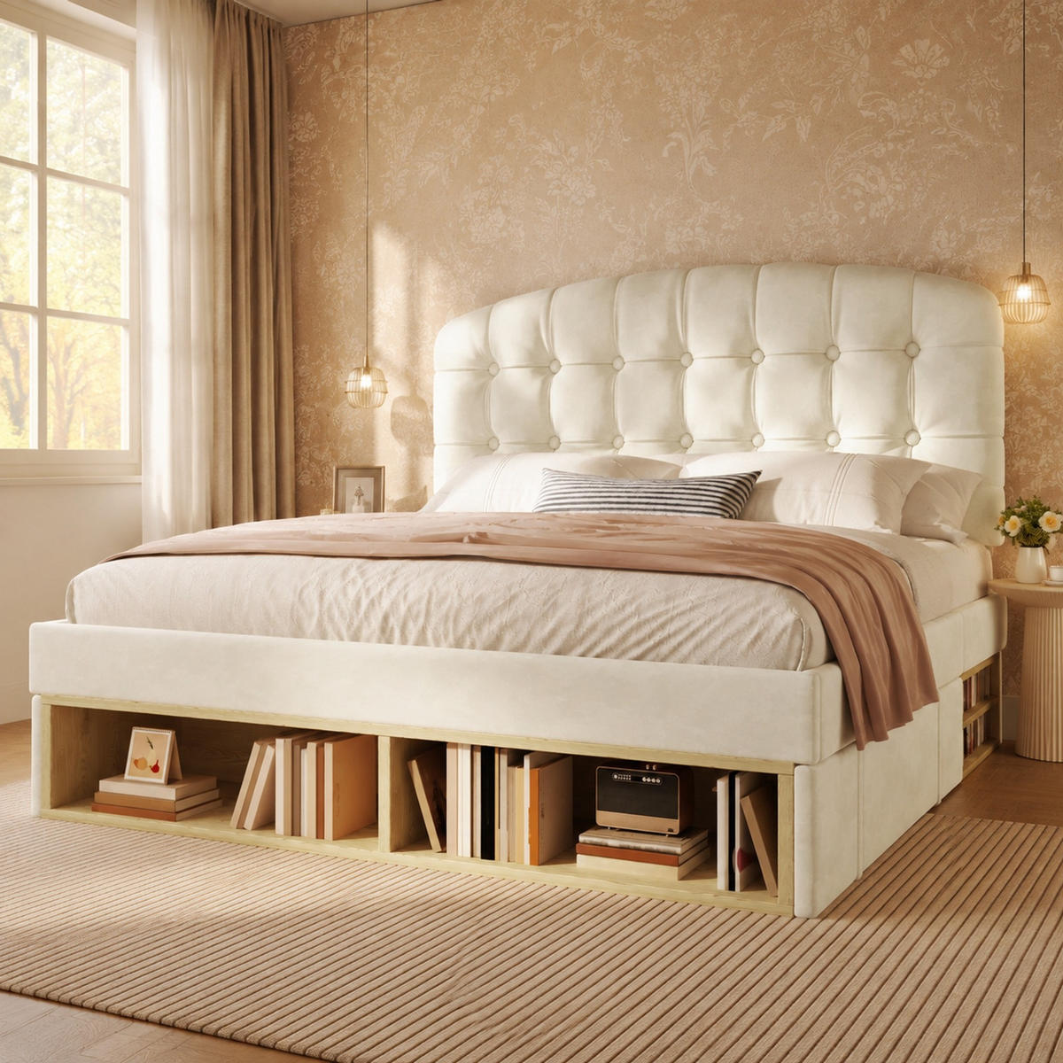 POLSTERBETT 140/190 mit höhenverstellbarem Kopfteil, Schubladen und Stauraum in Beige - Beige, Holzwerkstoff/Textil (140/190cm) - EVRYAE