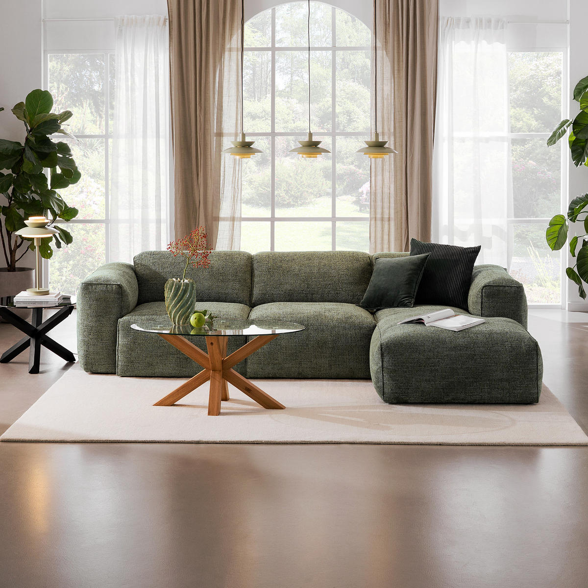 3-SITZER ECKSOFA mit Longchair - Schwarz/Grün, Kunststoff/Textil (284/173cm) - home24