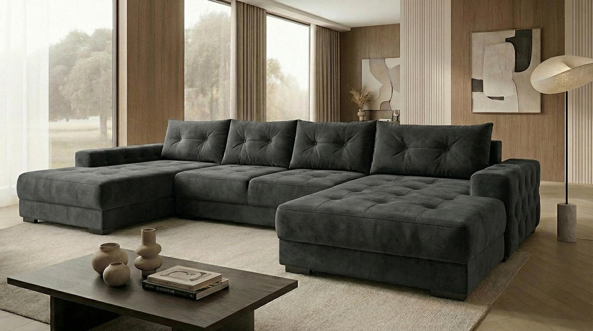 ECKSOFA MODENA 320 cm x 185 cm – Stoff: CASABLANCA Graphit 15 Farbe: Dunkelgrau - Dunkelgrau, Textil (320/185cm) - A&J MöbelLand