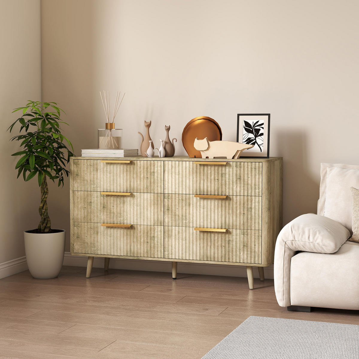 KOMOODE DE-12884 6 Schubladen, skandinavisch Eiche - Eichefarben, Holzwerkstoff (120/76/40cm) - ComfortXL